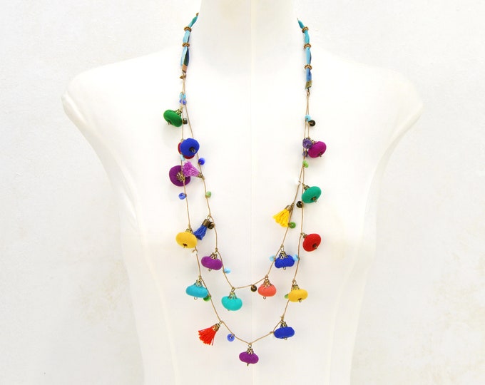 multicolored beads necklace, long multicolored fabric necklace, very colorful recycled fabrics necklace,  boho statement necklace 