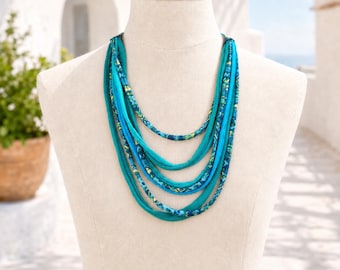 turquoise necklace fabric, teal necklace handmade, necklace boho chic, boho necklace, rope necklace jewelry, textile necklace fabric