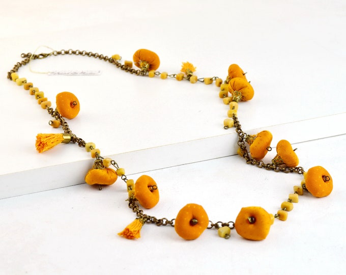 Yellow fabric necklace, yellow handmade necklace, yellow mustard necklace, long textile necklace, yellow textile necklace