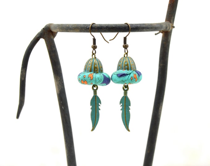 Bohemian turquoise earrings, turquoise handmade earrings, turquoise fabric earrings