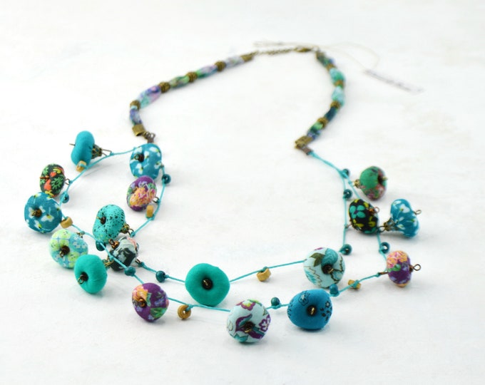 Handmade long necklace turquoise fabric beads, bohemian style eco responsible textile jewelry, designer jewelry Daniela Barbieri