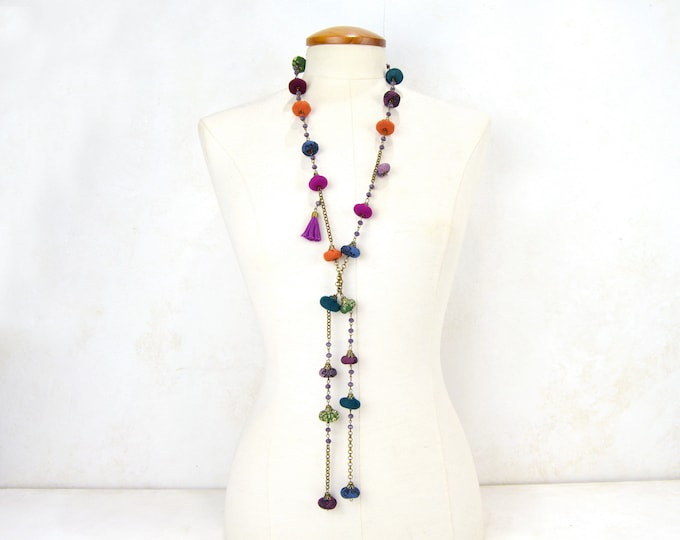 Multicolor Beaded Long Necklace, Adjustable Boho Fabric Statement Necklace, Handmade Colorful Textile Jewelry, Bohemian Gift for Her