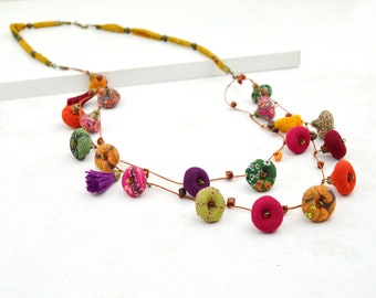 eco-responsible jewelry, colorful fabric bead necklace, handmade long multicolor necklace