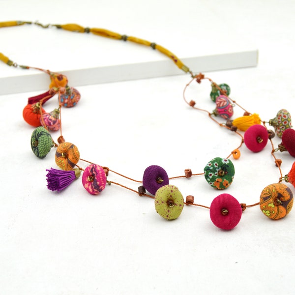 eco-responsible jewelry, colorful fabric bead necklace, handmade long multicolor necklace