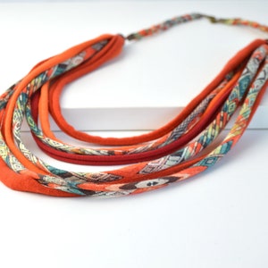 orange fabric necklace, orange ethnic necklace, orange bohemian necklace, African style necklace
