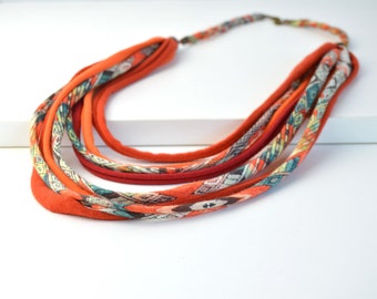 Collar de tela, collar étnico, collar de estilo africano color naranja, bisutería textil estilo etnico