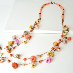 Unique design long necklace, very original design textile jewelry, modern long summer necklace