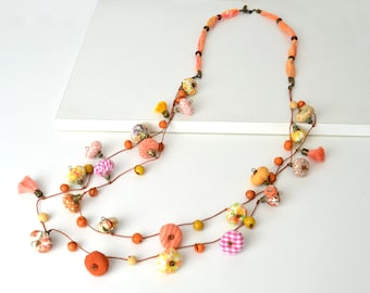 Unique design long necklace, very original design textile jewelry, modern long summer necklace