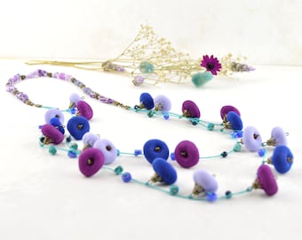 ecofriendly colorful bohemian style necklace, lilac, purple, mauve design crafts, multicolored ethnic necklace