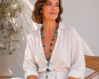 eco-responsible jewelry, colorful fabric bead necklace, handmade long multicolor necklace