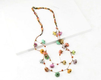 Boho long necklace, handmade jewelry with fulcolor fabric beads, summer trend 2021