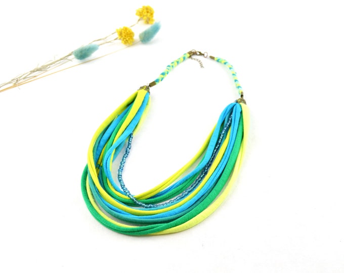 ethnic necklace african style summer colors lime green, multicolour bohemian style necklace 