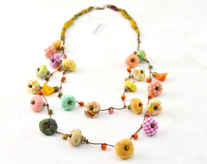 Long fabric necklace, summer colorful multicolored fabric necklace, Daniela Barbieri textile print necklace