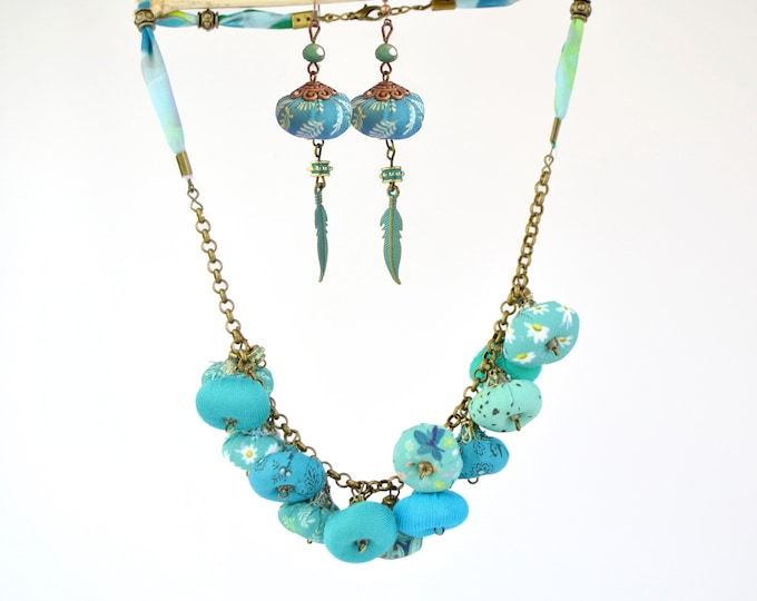 Set turquise fabric necklace/handmade bohemian turquoise necklace/exclusive gift for her  