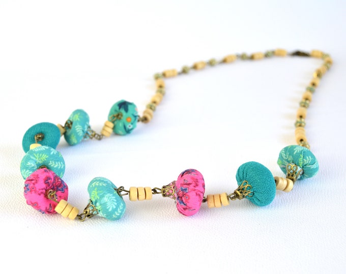 Unique design long necklace, very original design textile jewelry, modern long summer necklace
