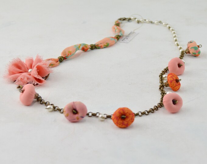 Fabric flower necklace, boho fabric necklace, textile necklace fabric, boho necklace, rope necklace handmade jewery, necklace vintage 