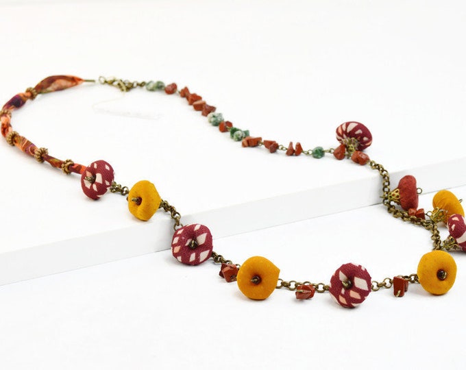 Handmade natural stone and textile bead necklace, hippiechic handmade necklace, very original handmade necklace, boho jewelry