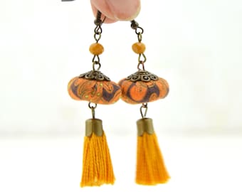 yellow tassel earrings, bohemian yellow tassel earrings, handmade yellow tassel earrings,original yellow tassel earrings