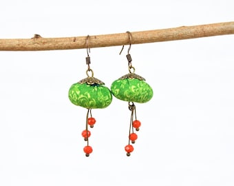 Green Jellyfish Earrings, Fabric Bead Dangle Earrings with Coral Crystals, Boho Lantern Earrings, Handmade Textile Jewelry, Gift for Her