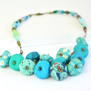 Turquoise Bead Bib Necklace, Bohemian Style Turquoise Blue Fabric Necklace, Turquoise Fabric Necklace