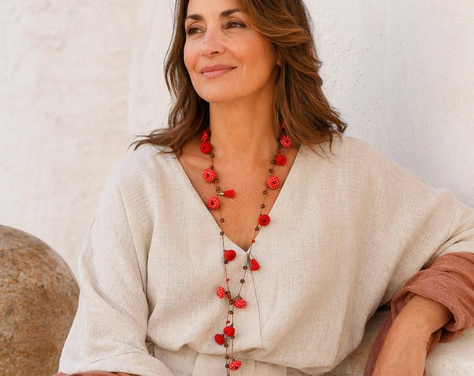 eco-responsible jewelry, colorful fabric bead necklace, handmade long multicolor necklace