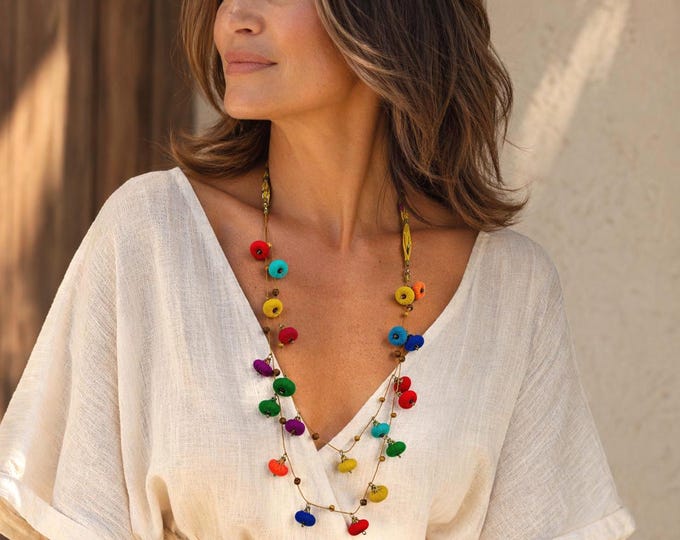 Collar largo bohemio multicolor, collar de abalorios bohochic, collar largo de moda, regalos para mama, collar estilo bohochic