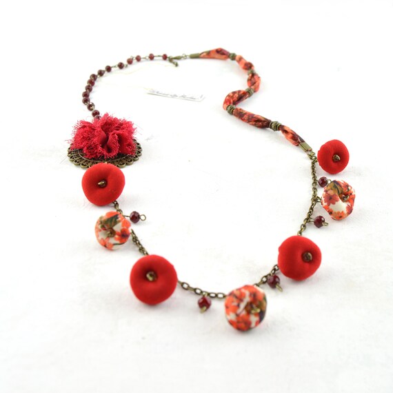 Vintage Style Red Long Necklace, Red Bead Statement Necklace