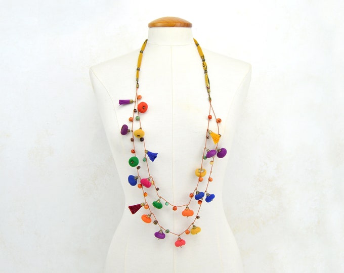 Full color necklace, long necklace, multicolored ethnic fabric necklace, very colorful textile jewelry, different necklace