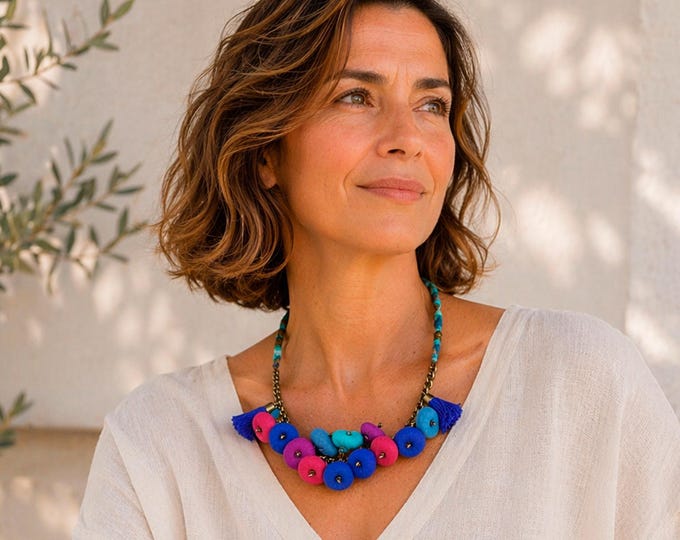 multicolored beads necklace, multicolored fabric necklace, very colorful recycled fabrics necklace, modern style necklace with beads