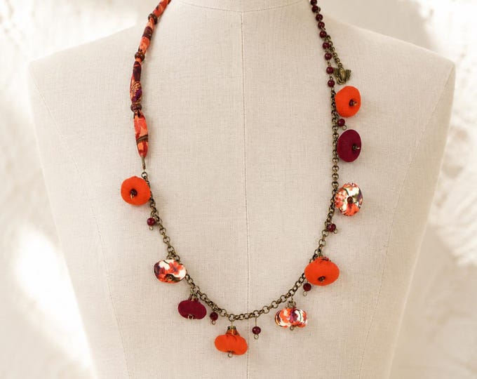 Fabric flower necklace, boho fabric necklace, textile necklace fabric, boho necklace, rope necklace handmade jewery, necklace vintage 