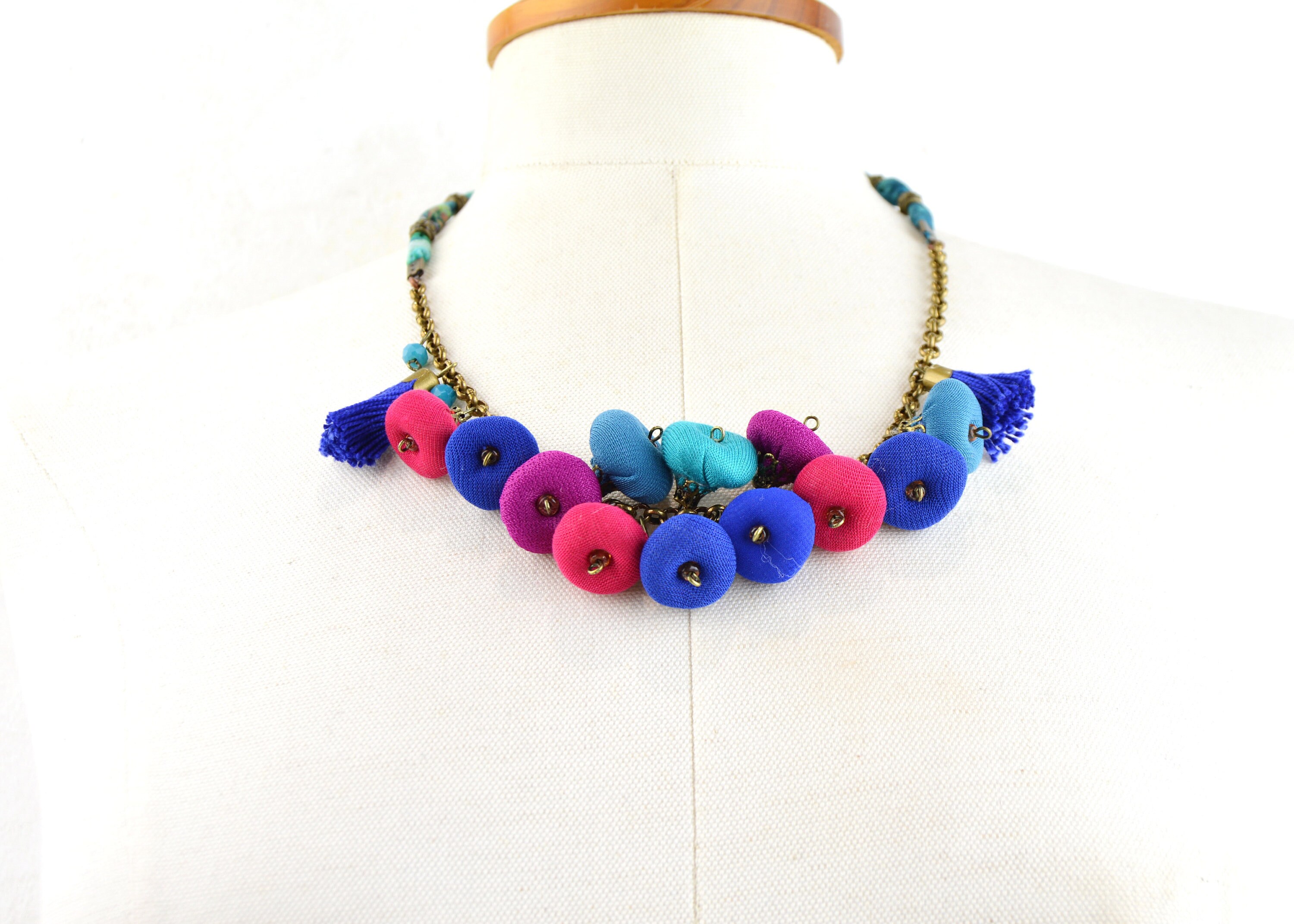 multicolored beads necklace, multicolored fabric necklace, very