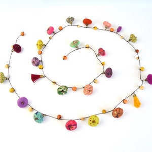 eco-responsible jewelry, colorful fabric bead necklace, handmade long multicolor necklace