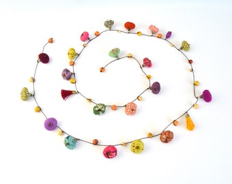 eco-responsible jewelry, colorful fabric bead necklace, handmade long multicolor necklace