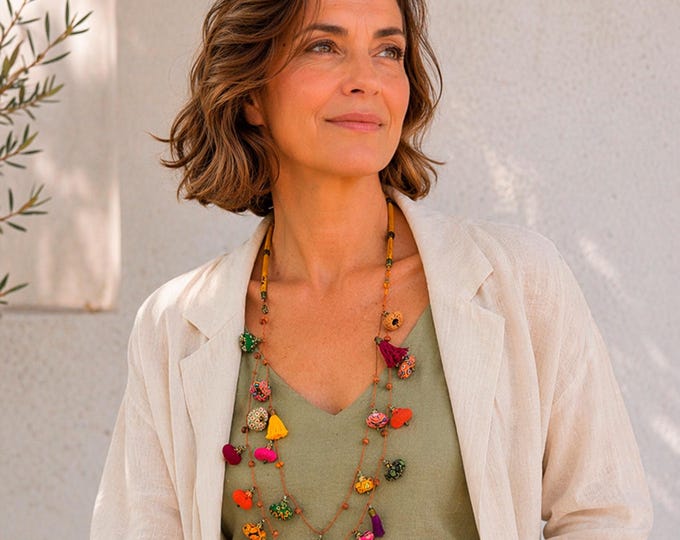 eco-responsible jewelry, colorful fabric bead necklace, handmade long multicolor necklace