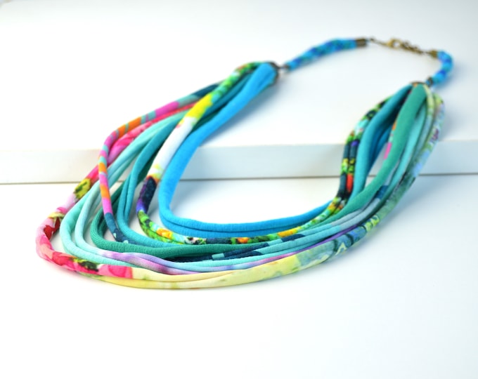 turquoise fabric necklace, aquamarine textile necklace, sky blue fabric necklace, multicolored fabric necklace, original fabric necklace