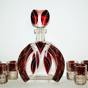 Czech Bohemian Art Deco glass Liqueur set hand  painted cut glass Karel Palda Czechoslovakia