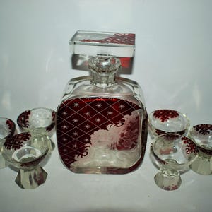 Czech Bohemian Art Deco glass Liqueur set hand  painted cut glass Karel Palda Czechoslovakia