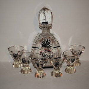 Czech Bohemian Art Deco glass Liqueur set hand  painted cut glass Karel Palda Czechoslovakia
