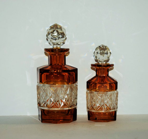 Bohemian Czech Art Deco amber Glass two Art Deco Perfume Bottle Hand engraved