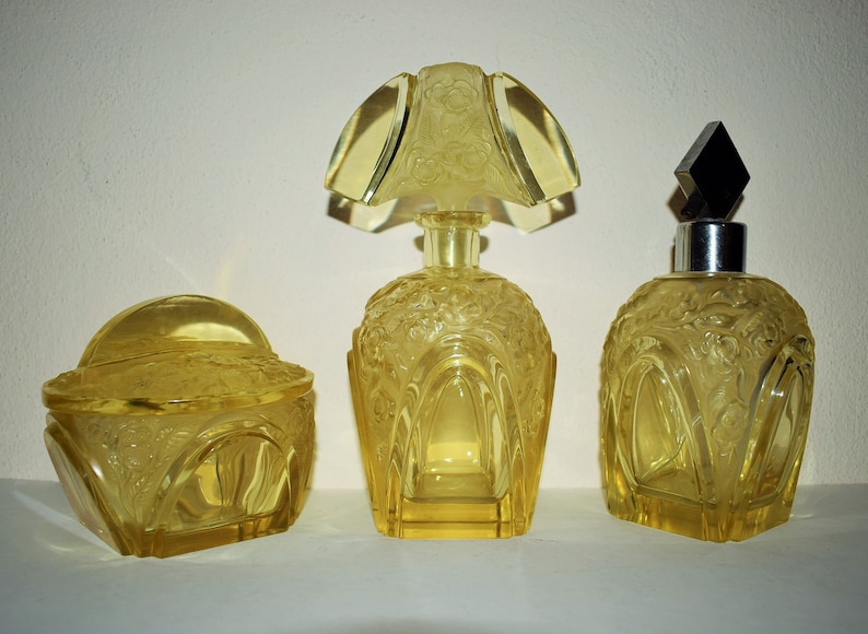Bohemian Czech Art Deco Citrine Glass Perfume Vanity Set Of 3 Objects Bohemia 1930s By Rudolf Hlousek