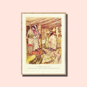 Impression d'art illustration originale le vent dans les saules, Arthur Rackham, couverture du livre le vent dans les saules, livre d'art pour enfants, décoration de chambre d'enfant