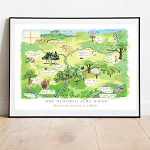 May include: A hand-drawn map of the Hundred Acre Wood from Winnie the Pooh, featuring locations like Pooh Bear's house, Piglet's house, Owl's house, and Rabbit's house. The map is drawn in a whimsical style with green, brown, and yellow colours.
