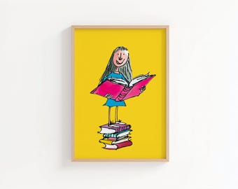 Matilda Reading Print, Book Lover Wall Art, Girl Reading Illustration, Roald Dahl Inspired Art, Literary Nursery Decor, Bookish Gift
