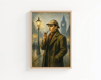 Sherlock Holmes in London Wand Kunst Druck | Arthur Conan Doyle, Sherlock Holmes Porträt Druck, Buchumschlag, Sherlock Holmes Geschenk, Bücherwurm