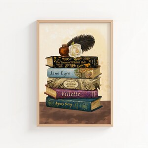 Brontë Sisters Book Stack Art Print | Classic Literature Illustration | Jane Eyre & Wuthering Heights Wall Art | Book Lover Decor
