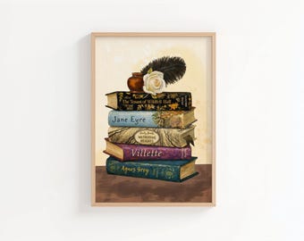 Brontë Sisters Book Stack Art Print | Classic Literature Illustration | Jane Eyre & Wuthering Heights Wall Art | Book Lover Decor