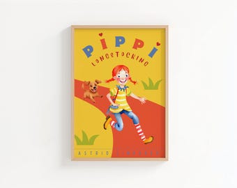 Lámina de Pippi Calzaslargas, ilustración de cuento de Astrid Lindgren, póster de libro infantil, decoración de cuarto de juegos infantil, arte para dormitorio infantil