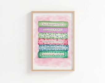 Jane Austen Book Stack Print, Pride and Prejudice Emma Persuasion Art, Literary Wall Art, Book Lover Gift, Cottagecore Decor