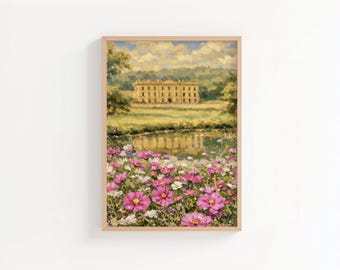 Pemberley Inspired Landscape Print| Romantic English Manor House Art, Regency Floral Painting, Pride and Prejudice Inspired Wall Art