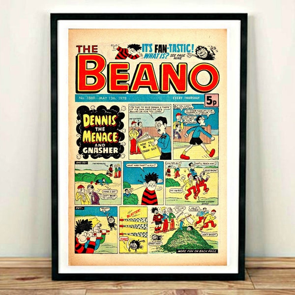 The Beano Comic Print, Dennis the Menace, Print, Book Cover, Art Print, Vintage Illustration, Children's Illustration, Wall Art, Gifts
